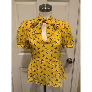 Girls from Savoy Yellow & Brown Owl Patterned Blouse Shirt W/Neck Tie, Size 2